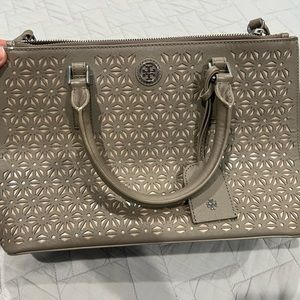 Tory Burch Grey Floral Laser Cut Robinson Tote